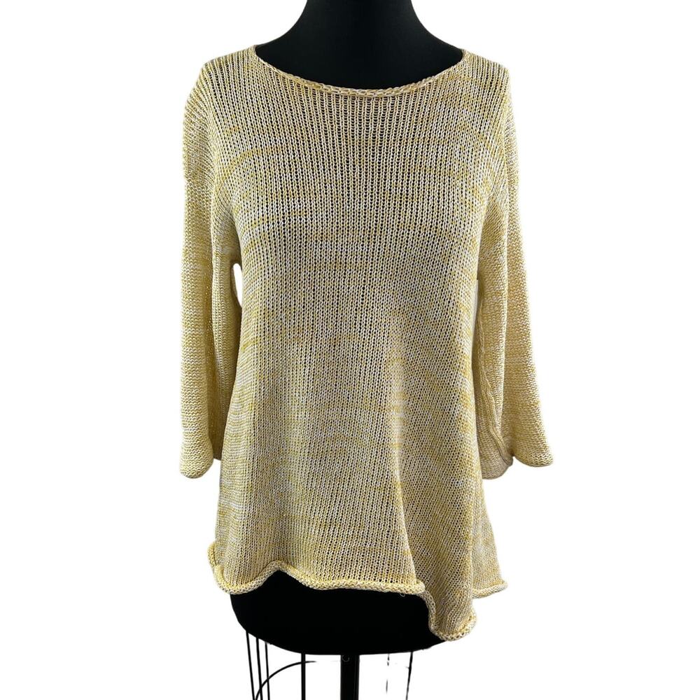 SKIFO SKIF White Yellow Knit Rolled Hem 3/4 Sleeve Pullover High Low Sweater